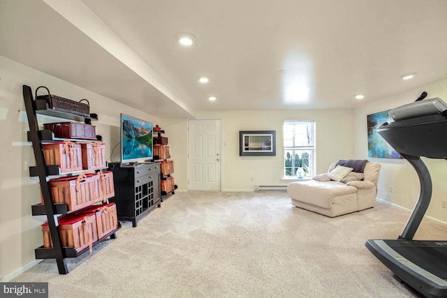 workout area featuring a baseboard heating unit, carpet, baseboards, and recessed lighting