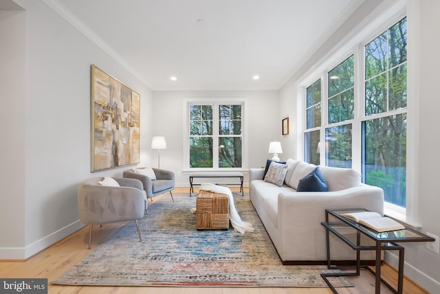living room with baseboards, plenty of natural light, crown molding, and recessed lighting