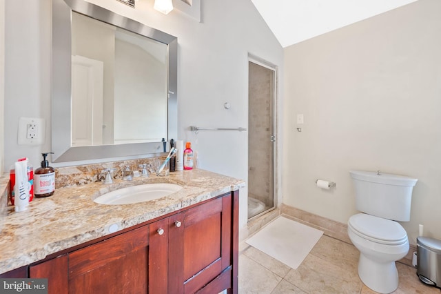 bathroom with toilet, vaulted ceiling, tile patterned flooring, vanity, and walk in shower