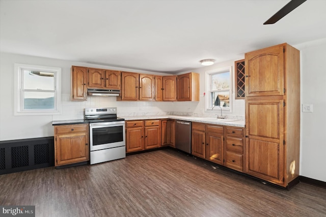 kitchen featuring dark hardwood / wood-style floors, radiator heating unit, a healthy amount of sunlight, and stainless steel appliances