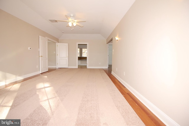 spare room with ceiling fan and light hardwood / wood-style flooring