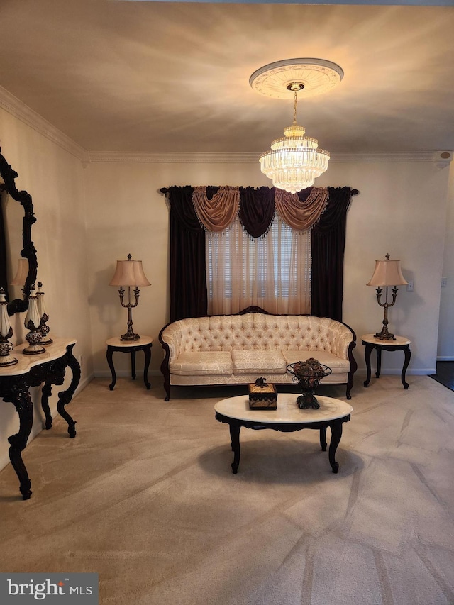 carpeted living room with a chandelier and crown molding