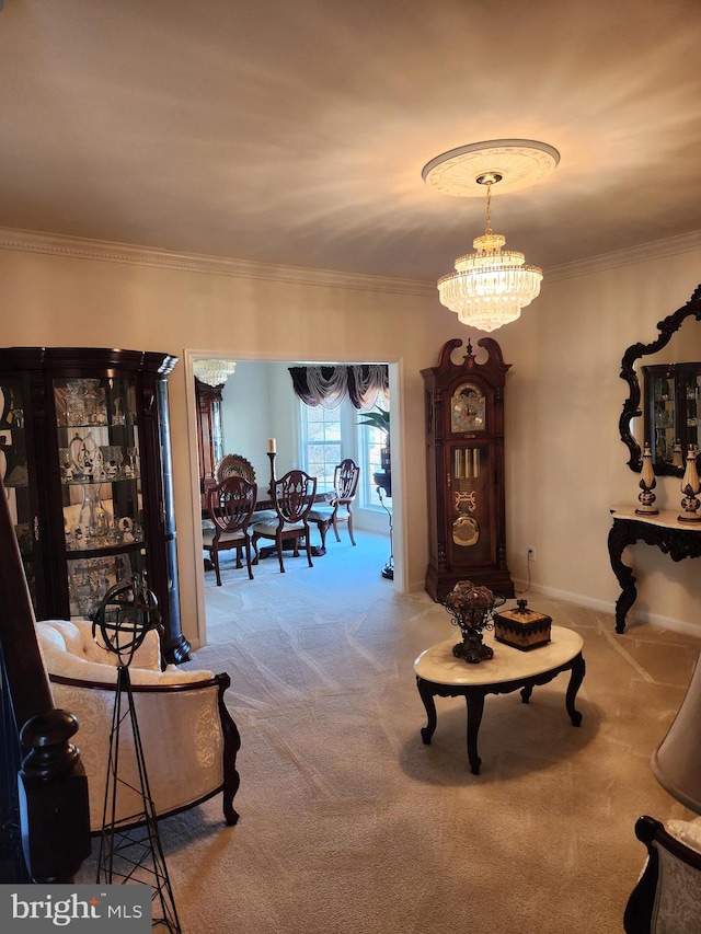 interior space with ornamental molding, carpet, and a notable chandelier