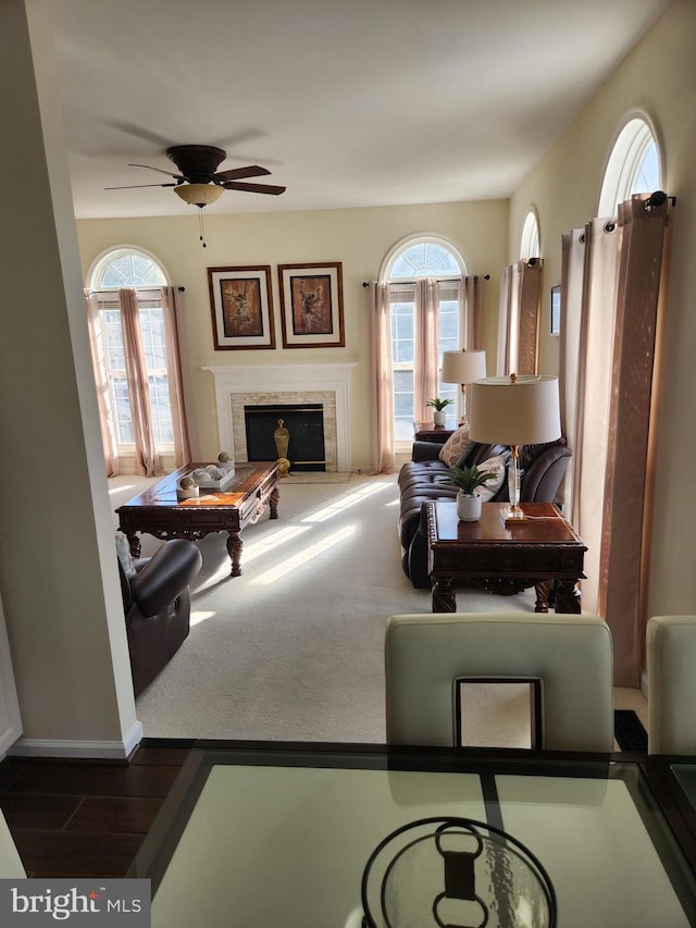 living room featuring ceiling fan