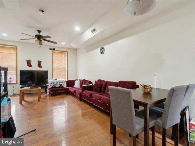 interior space with ceiling fan and light wood-type flooring