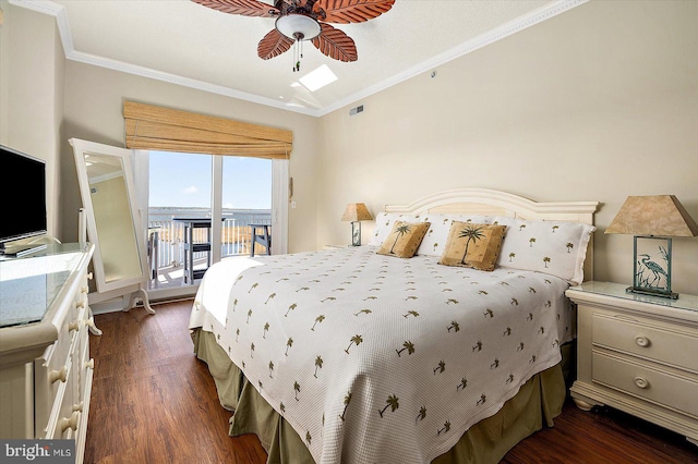 bedroom with ceiling fan, dark hardwood / wood-style floors, access to exterior, and ornamental molding