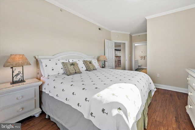 bedroom with dark hardwood / wood-style floors and ornamental molding