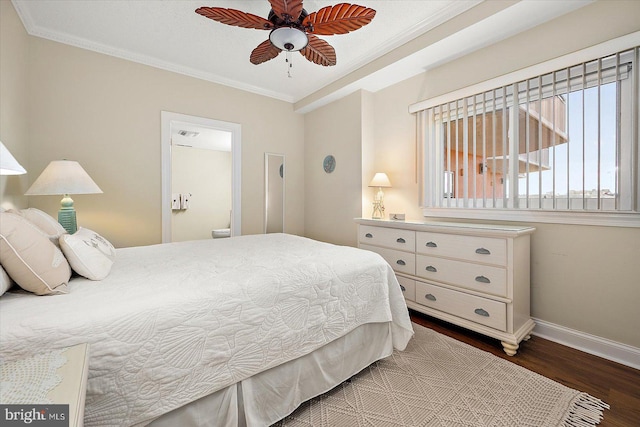 bedroom featuring ceiling fan, ornamental molding, and dark wood-type flooring