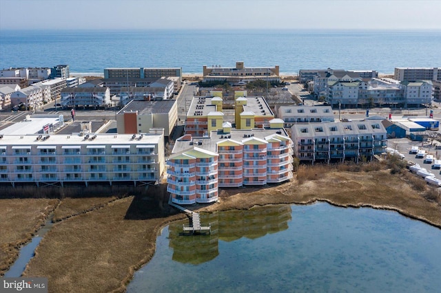 drone / aerial view featuring a water view