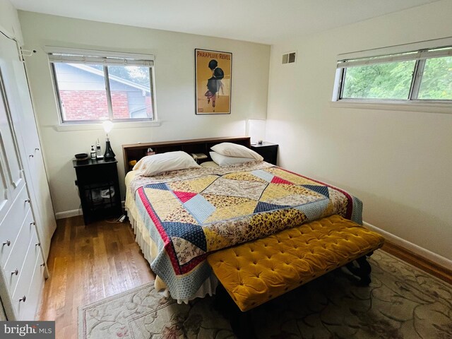 bedroom featuring wood-type flooring and a closet