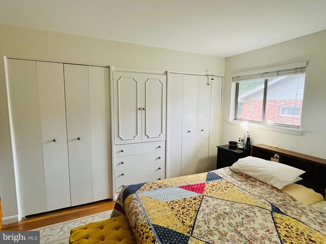 bedroom featuring light hardwood / wood-style floors and two closets