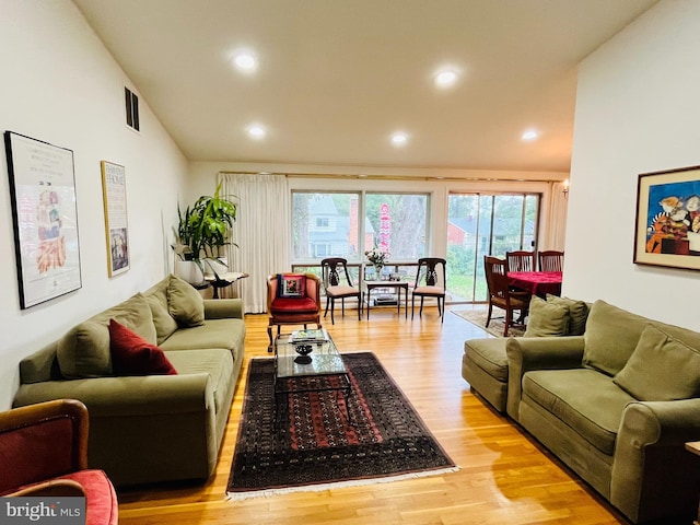 living room featuring light wood-type flooring and lofted ceiling