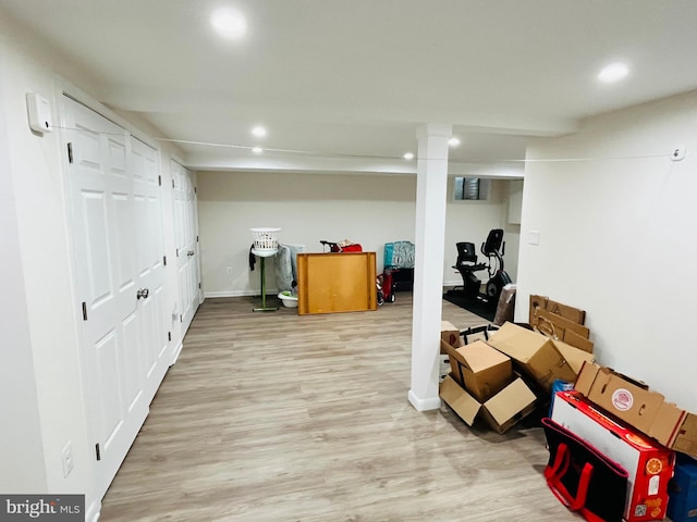 basement featuring wood-type flooring