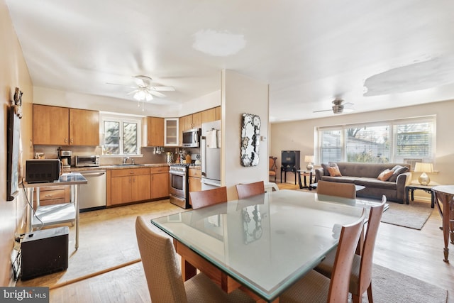 dining space with ceiling fan, sink, a healthy amount of sunlight, and light hardwood / wood-style floors