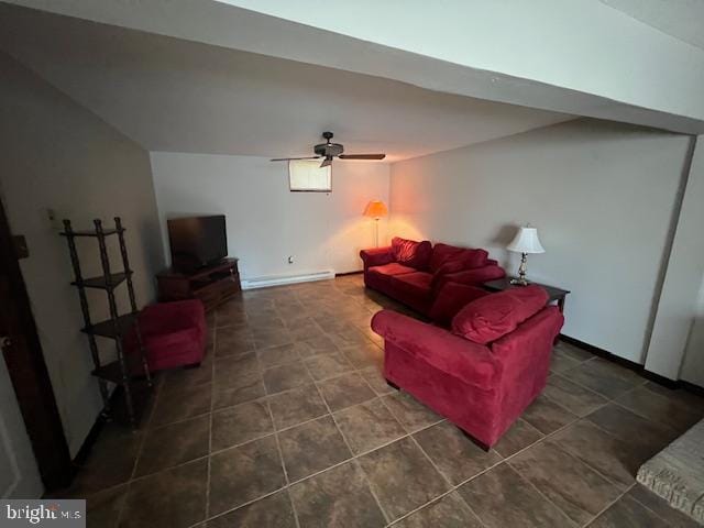 living room with baseboard heating and ceiling fan