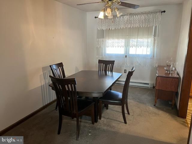 carpeted dining space with a baseboard radiator and ceiling fan