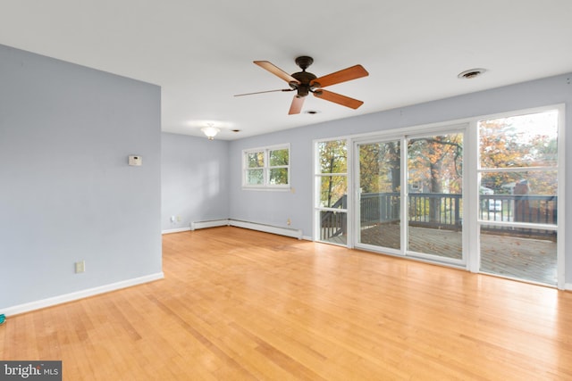 spare room featuring ceiling fan, a baseboard radiator, and light wood-type flooring