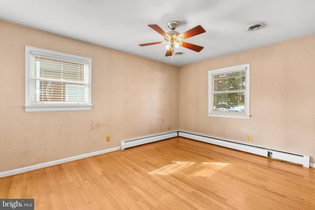 unfurnished room featuring light wood-type flooring, ceiling fan, and a baseboard heating unit