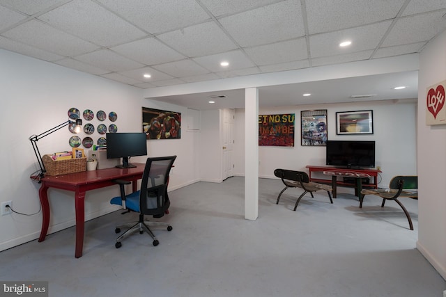 office with recessed lighting, finished concrete flooring, and baseboards