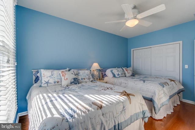 bedroom featuring ceiling fan, a closet, and dark hardwood / wood-style floors