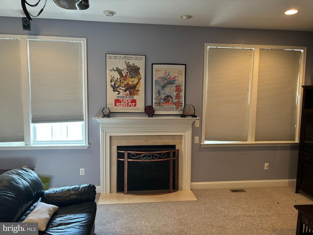 208 Glenshane Pass, Bear, DE 19701 - living room with a fireplace with flush hearth, carpet flooring, recessed lighting, and baseboards