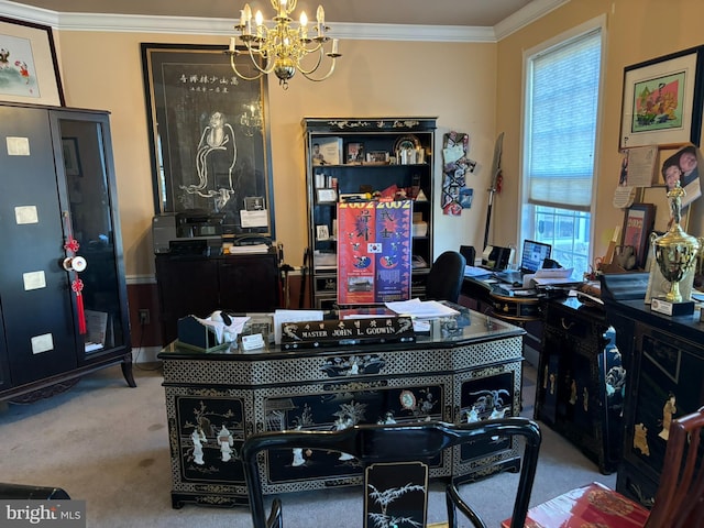 home office featuring a wealth of natural light, light carpet, and ornamental molding