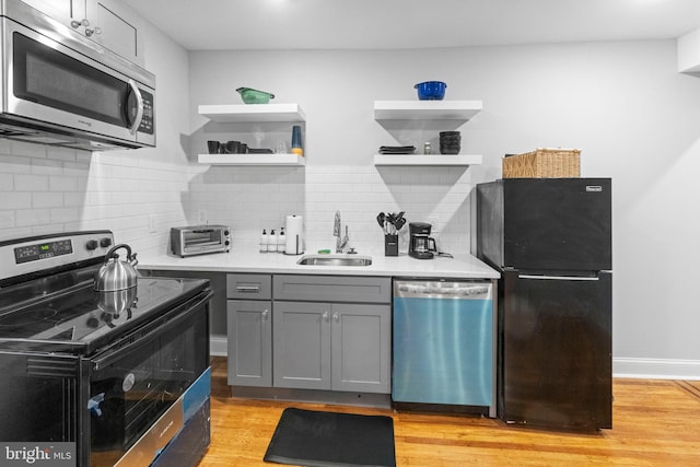 kitchen with light wood-type flooring, sink, backsplash, and stainless steel appliances