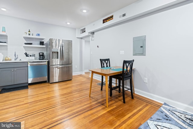 kitchen featuring electric panel, tasteful backsplash, gray cabinetry, light wood-type flooring, and appliances with stainless steel finishes