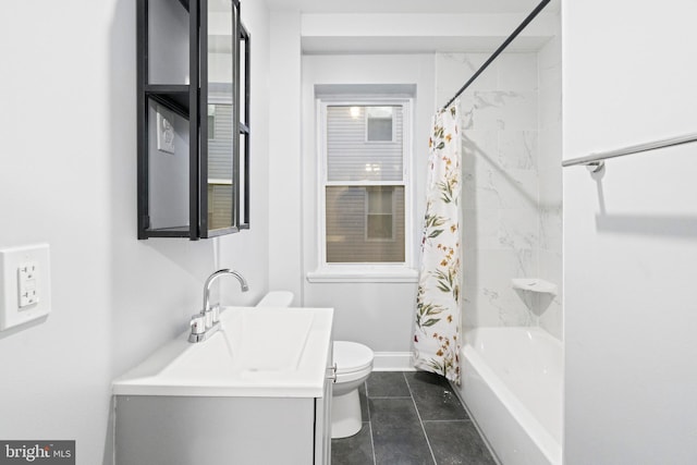 full bathroom with shower / bath combo, tile patterned flooring, vanity, and toilet