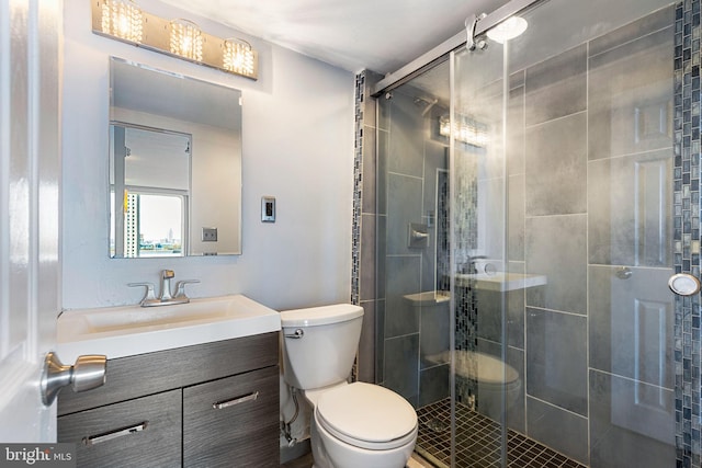 bathroom featuring toilet, vanity, and walk in shower