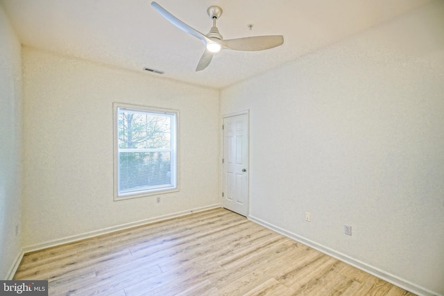 empty room featuring ceiling fan and light hardwood / wood-style floors