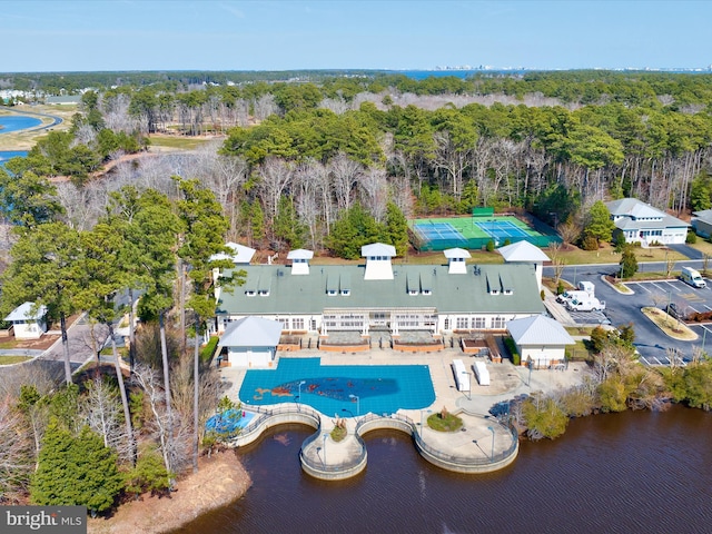 birds eye view of property featuring a water view