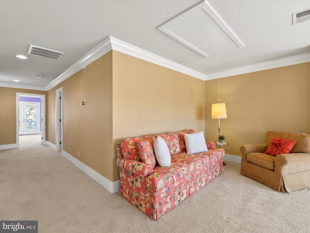 carpeted living room featuring crown molding