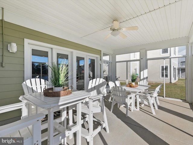 sunroom featuring ceiling fan and wooden ceiling