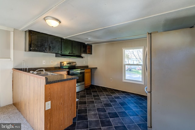 kitchen with kitchen peninsula, appliances with stainless steel finishes, and sink