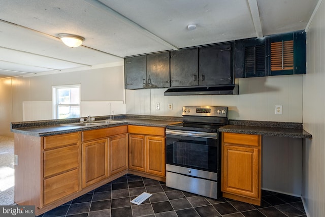 kitchen with stainless steel electric range, kitchen peninsula, sink, and exhaust hood