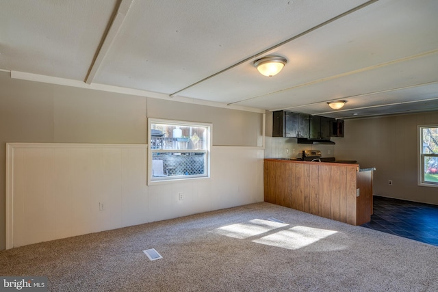 kitchen featuring dark colored carpet and stainless steel range with electric stovetop