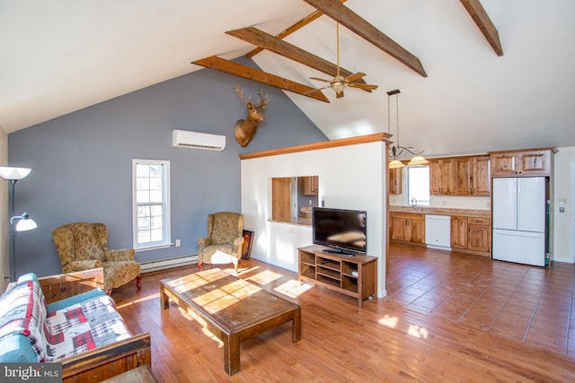 living room with beamed ceiling, high vaulted ceiling, dark wood-type flooring, a baseboard radiator, and an AC wall unit