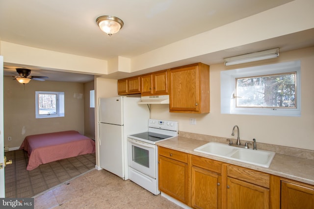 kitchen featuring white appliances, ceiling fan, and sink