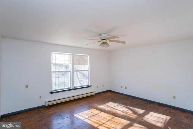 empty room featuring dark wood-type flooring, baseboard heating, and ceiling fan