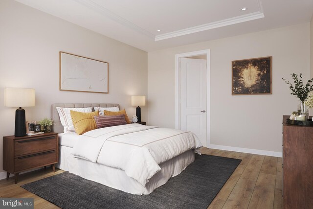 bedroom featuring light hardwood / wood-style floors and a tray ceiling