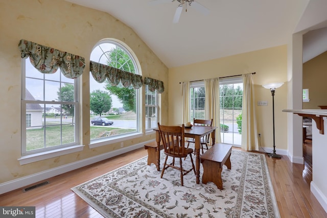 dining room featuring light hardwood / wood-style floors, lofted ceiling, and a healthy amount of sunlight