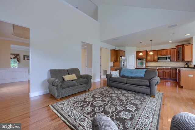 living room with a towering ceiling, sink, light hardwood / wood-style flooring, and crown molding