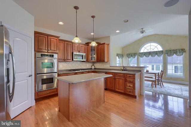 kitchen featuring appliances with stainless steel finishes, a kitchen island, and light hardwood / wood-style flooring