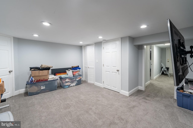 basement featuring light carpet