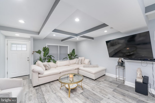 living room featuring beamed ceiling, light wood-type flooring, and coffered ceiling