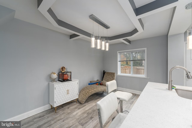 living area with hardwood / wood-style flooring and sink