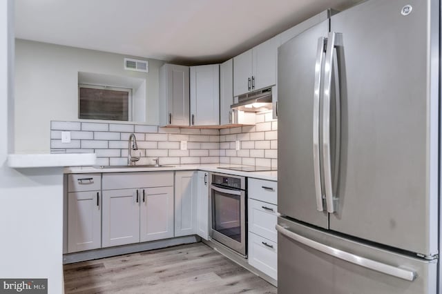 kitchen featuring stainless steel appliances, light wood-type flooring, decorative backsplash, sink, and white cabinets