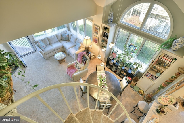 living room with a towering ceiling and carpet floors