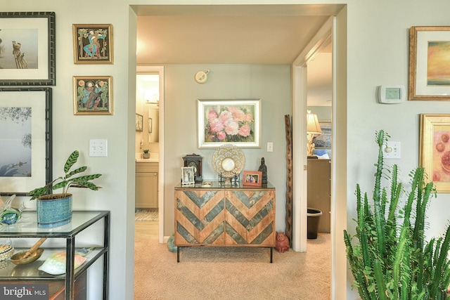 hallway featuring light colored carpet